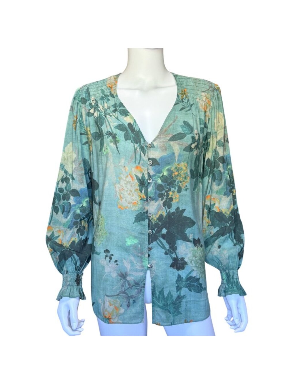 Peruvian Connection Womens Floral Print Blouse Button Front Long Sleeve Size S